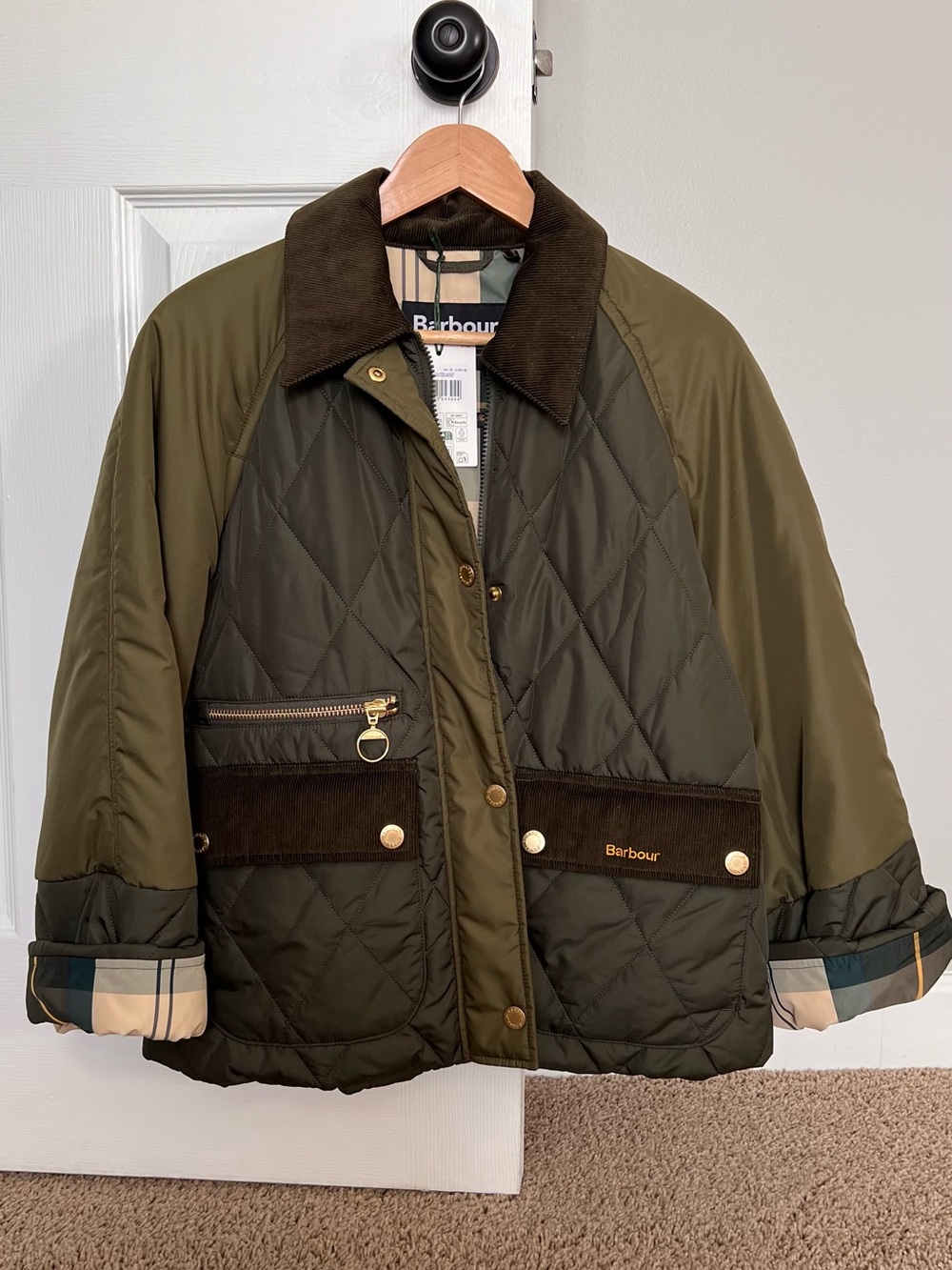 Barbour Martha Olive Green Quilted Puffer Jacket with Cord Collar USA size 6.